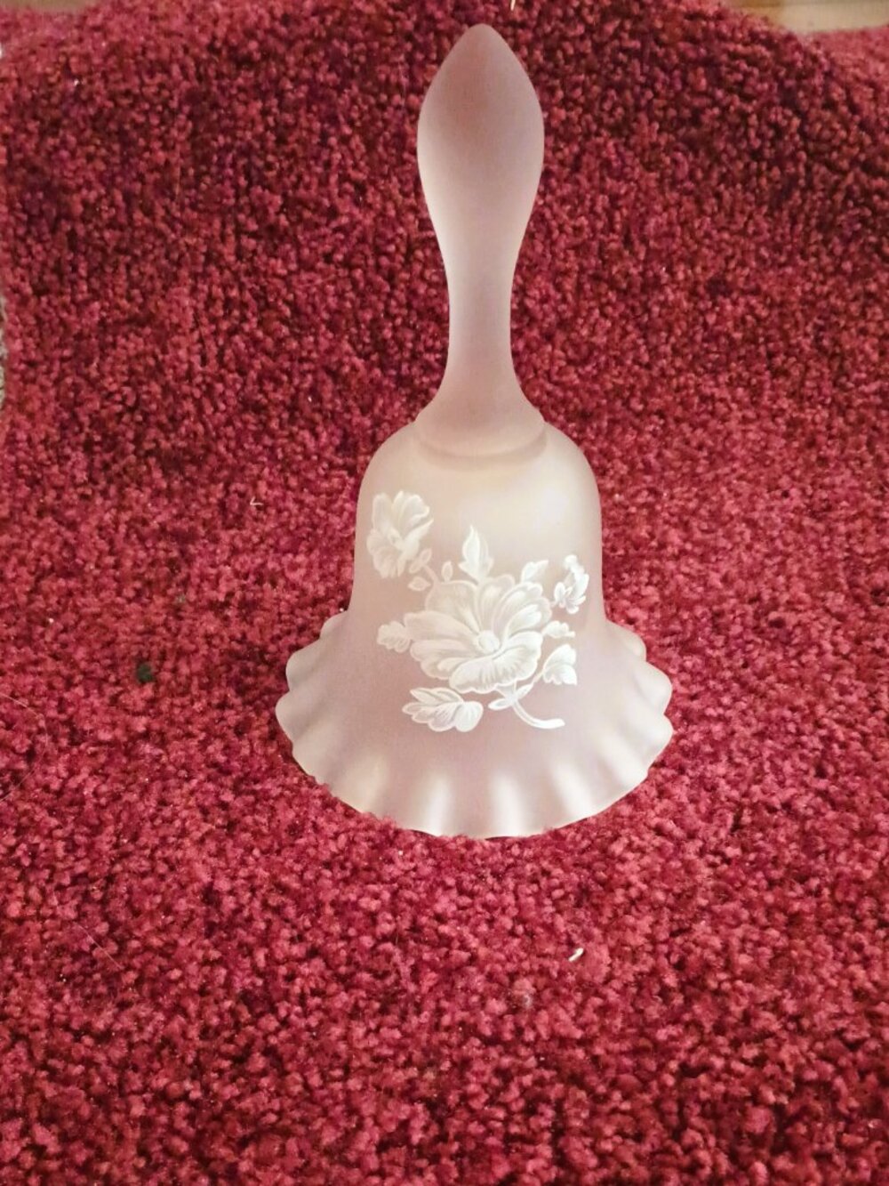 Westmoreland Pink Frost Glass Bell 7” Vtg White Embossed Flower Crystal Clapper